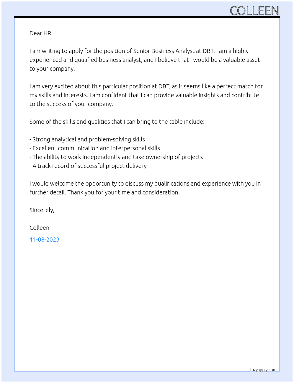 Senior Business Analyst At DBT Cover Letter