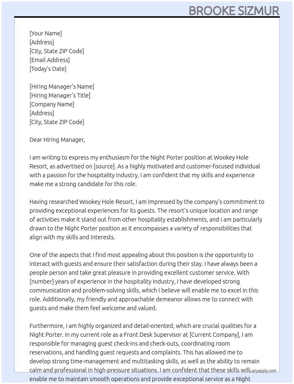 Night Porter At Wookey Hole Resort Cover Letter