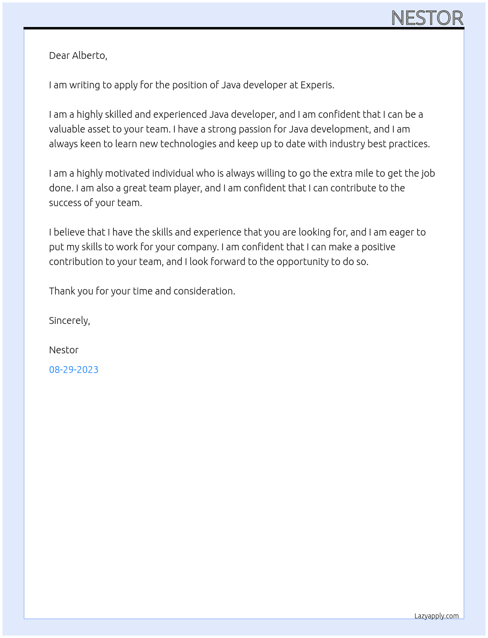Java developer At Experis Cover Letter
