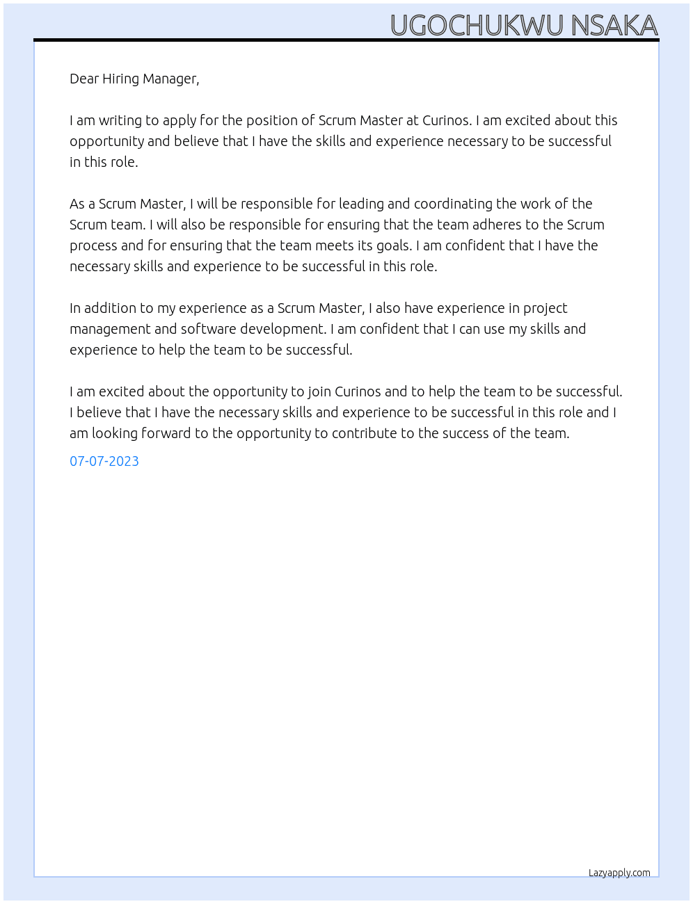 Scrum Master At Curinos Cover Letter