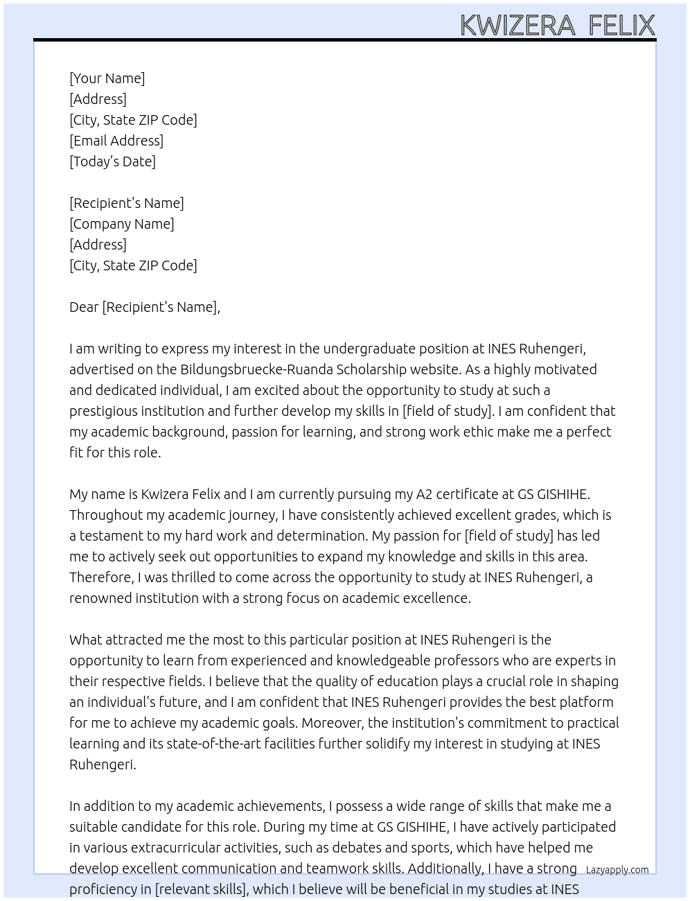 study At Bildungsbruecke-Ruanda Scholarship Cover Letter