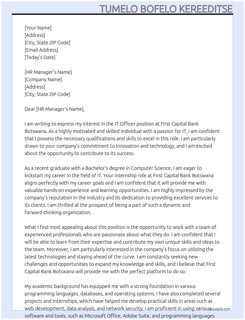 IT Officer At First capital bank botswana Cover Letter