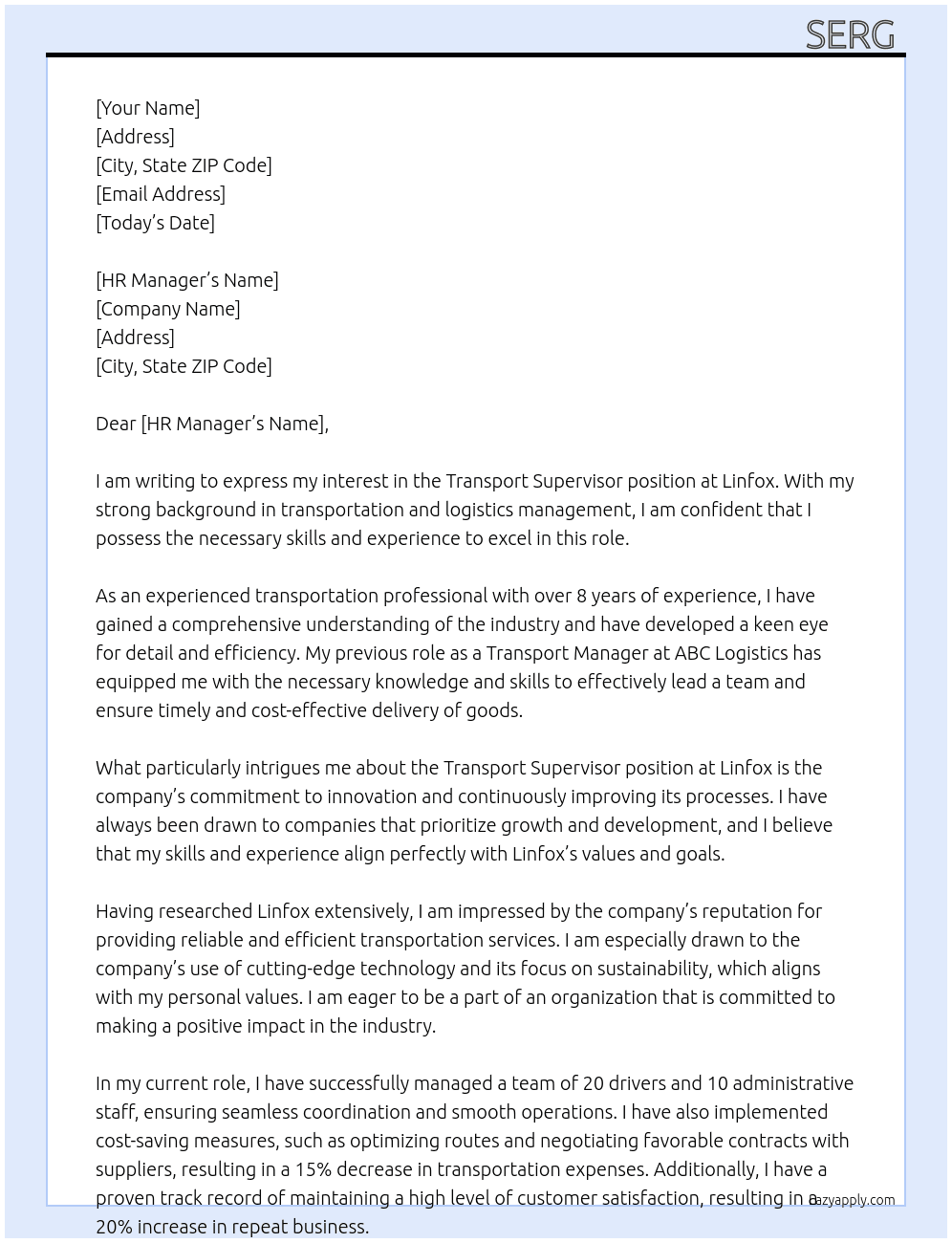 TRANSPORT SUPERVISOR  At Linfox Cover Letter