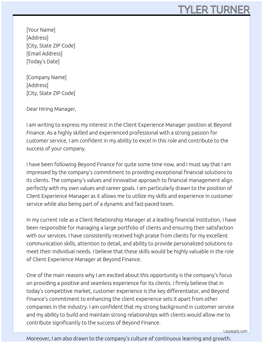 Client Experience Manager  At Beyond Finance  Cover Letter