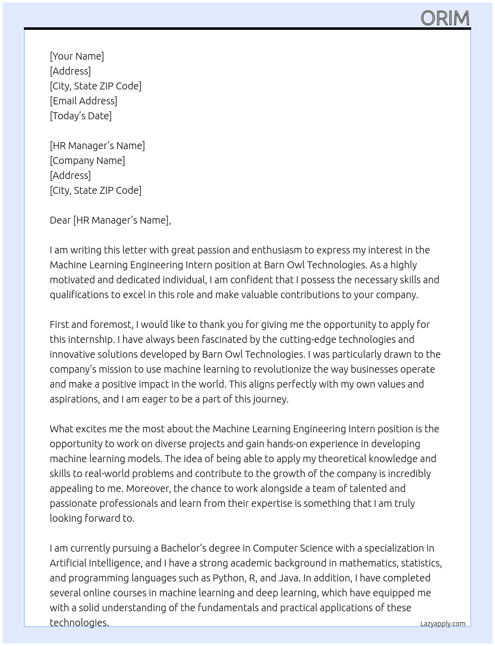 Machine Learning Engineering Intern At Barn Owl Technologies Cover Letter