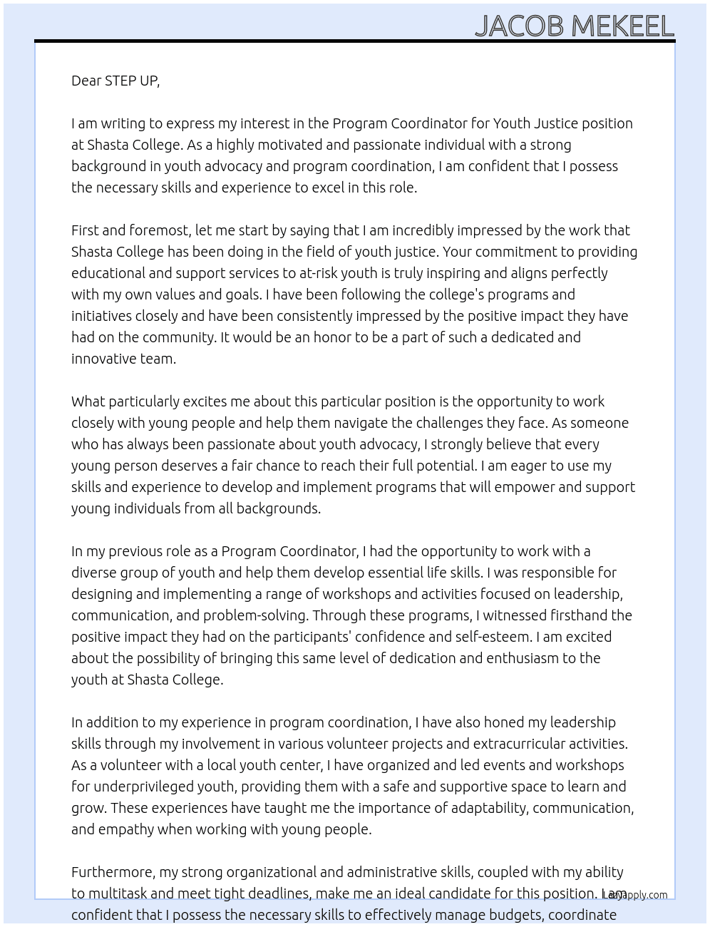 Program Coordinator - Youth Justice At Shasta College Cover Letter
