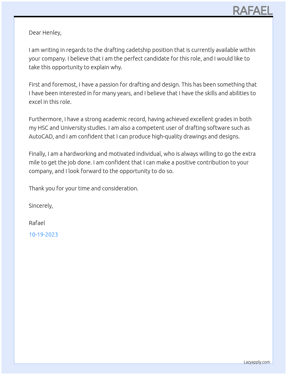 Drafting Cadetship At Henley Cover Letter