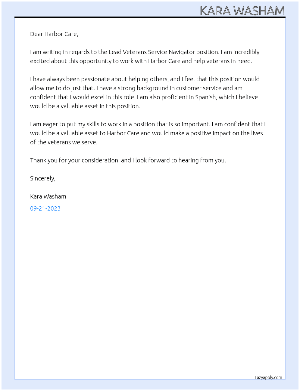 Lead Veterans Service Navigator At Harbor Care Cover Letter