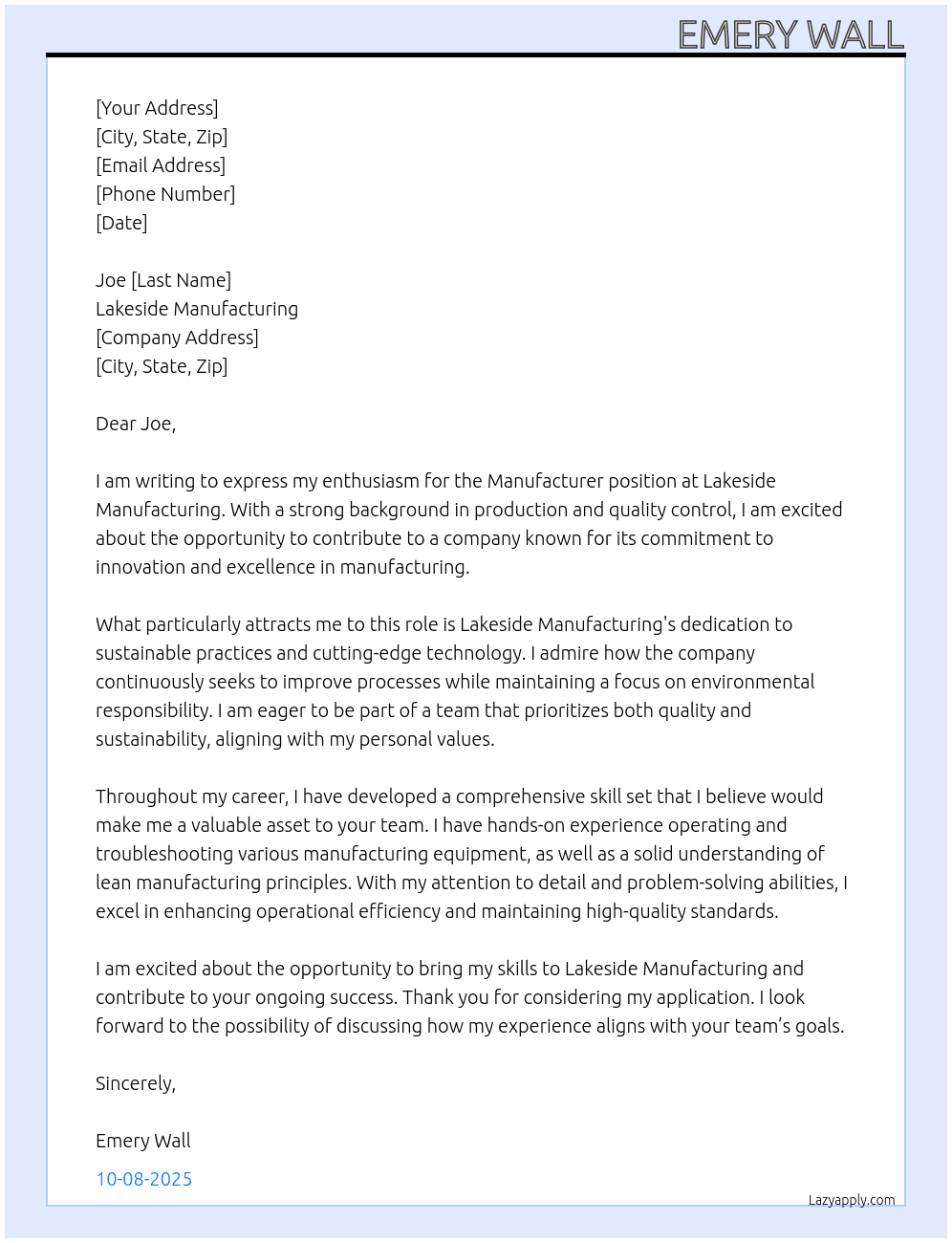 Manufacturer At Lakeside Manufacturing Cover Letter