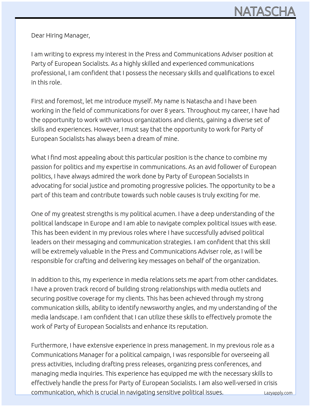 Press and Communications Adviser At Party of European Socialists Cover Letter