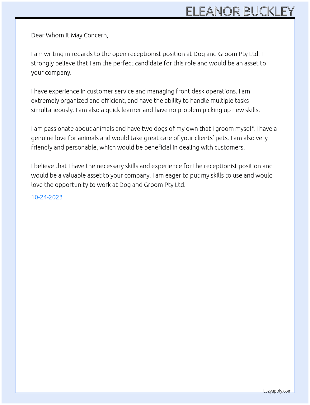 Receptionist At Dog and Groom Pty Ltd Cover Letter