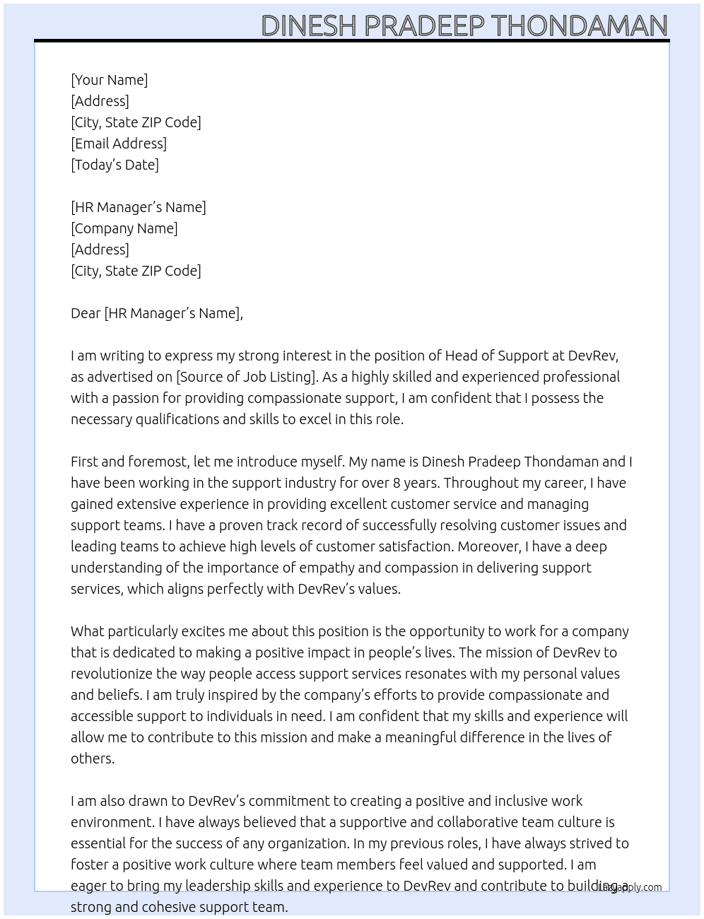 Head of Support At DevRev Cover Letter