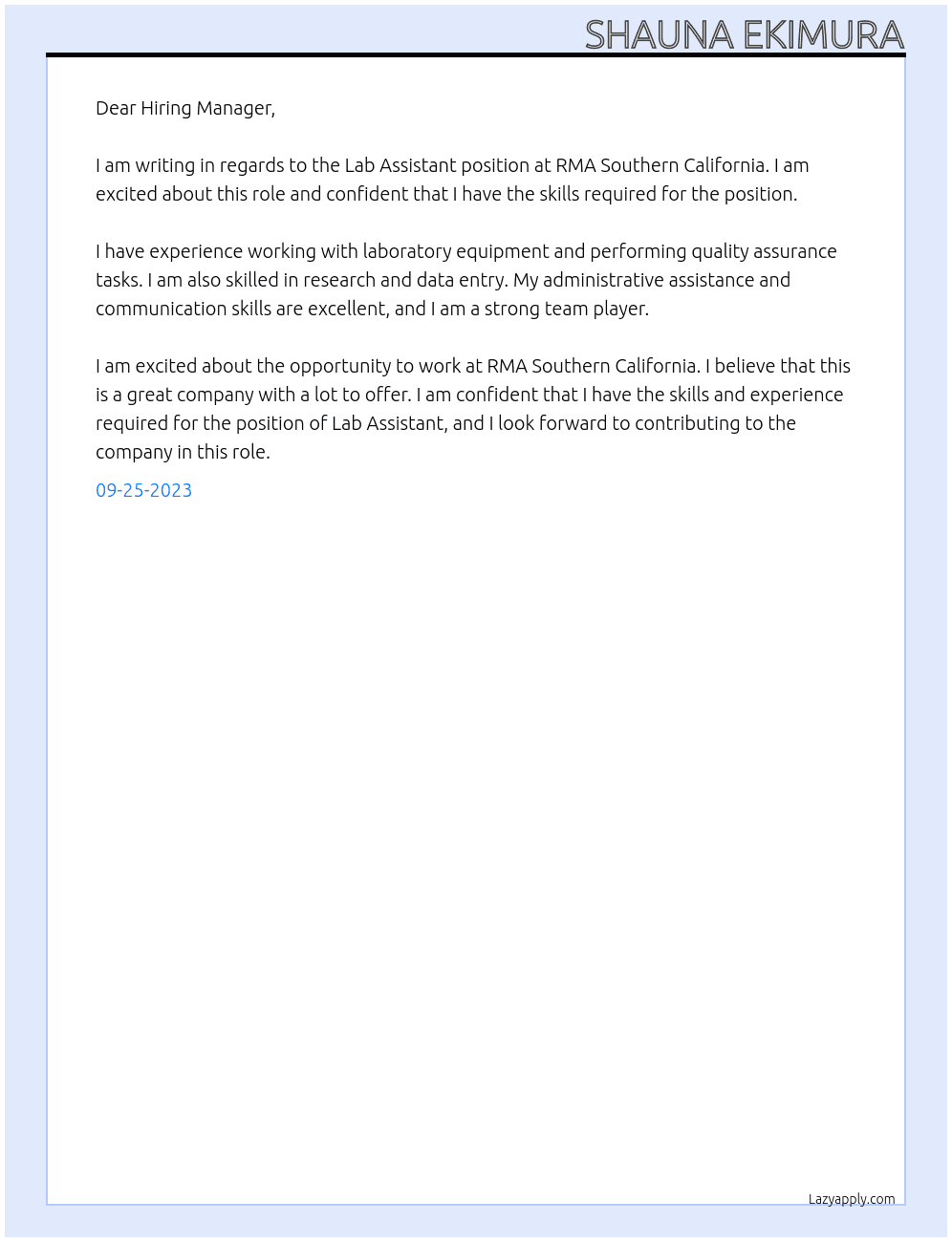 Lab Assistant At RMA Southern California Cover Letter