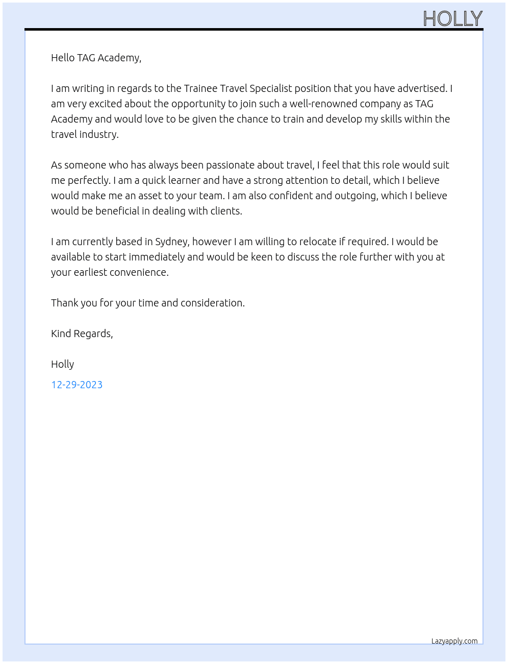 Cover letter for trainee travel specialist - LazyApply