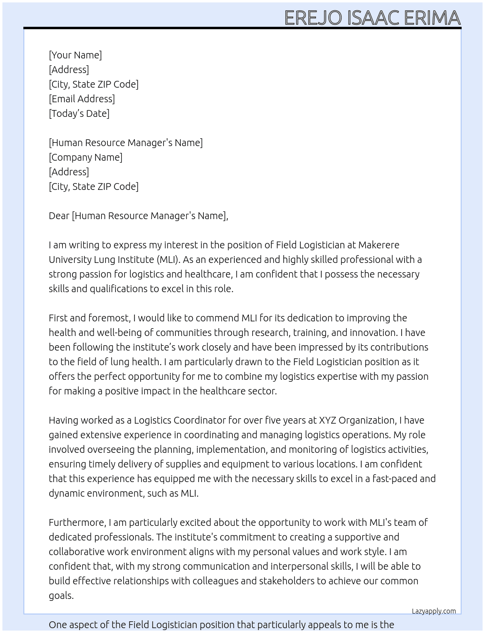 Cover letter for field logistician - LazyApply