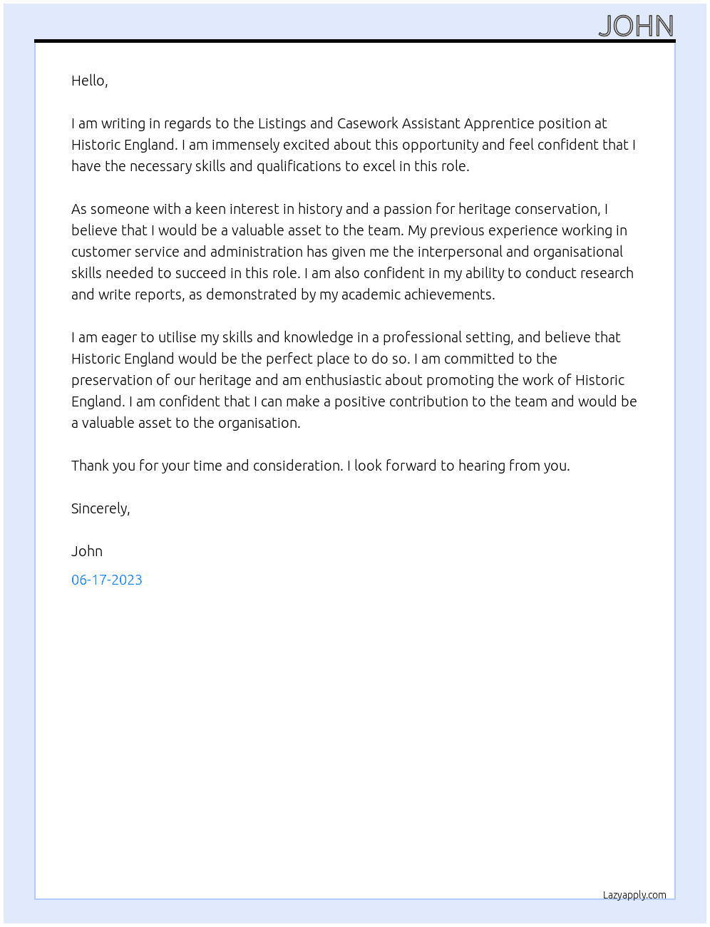 Listings and Casework Assistant Apprentice At historic england Cover Letter