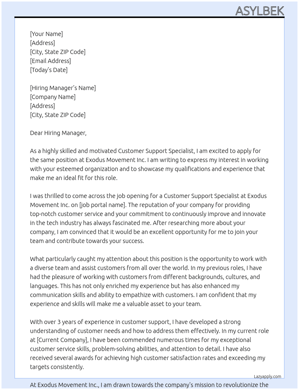 Customer Support Specialist At Exodus Movement Inc. Cover Letter