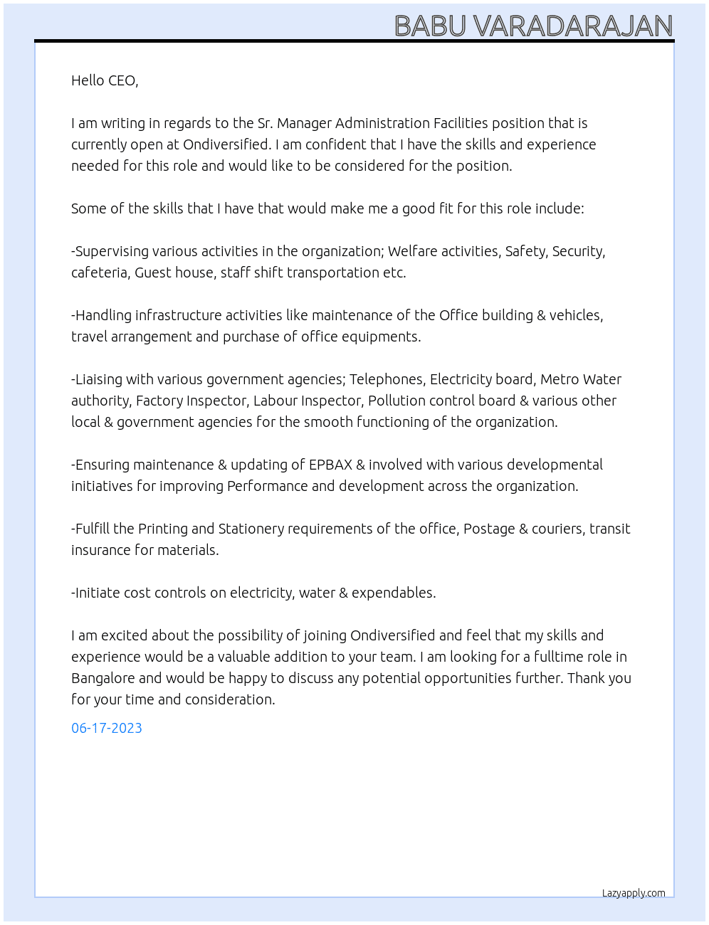 Sr. Manager Administration Facilities At Ondiversified Cover Letter