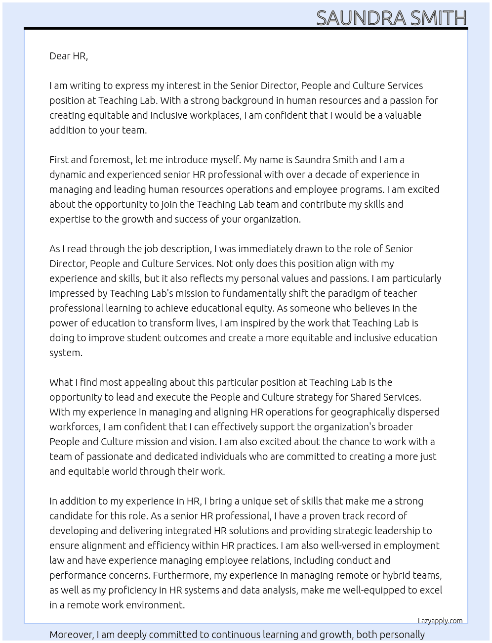 Senior Director, People and Culture Services At Teaching Lab Cover Letter