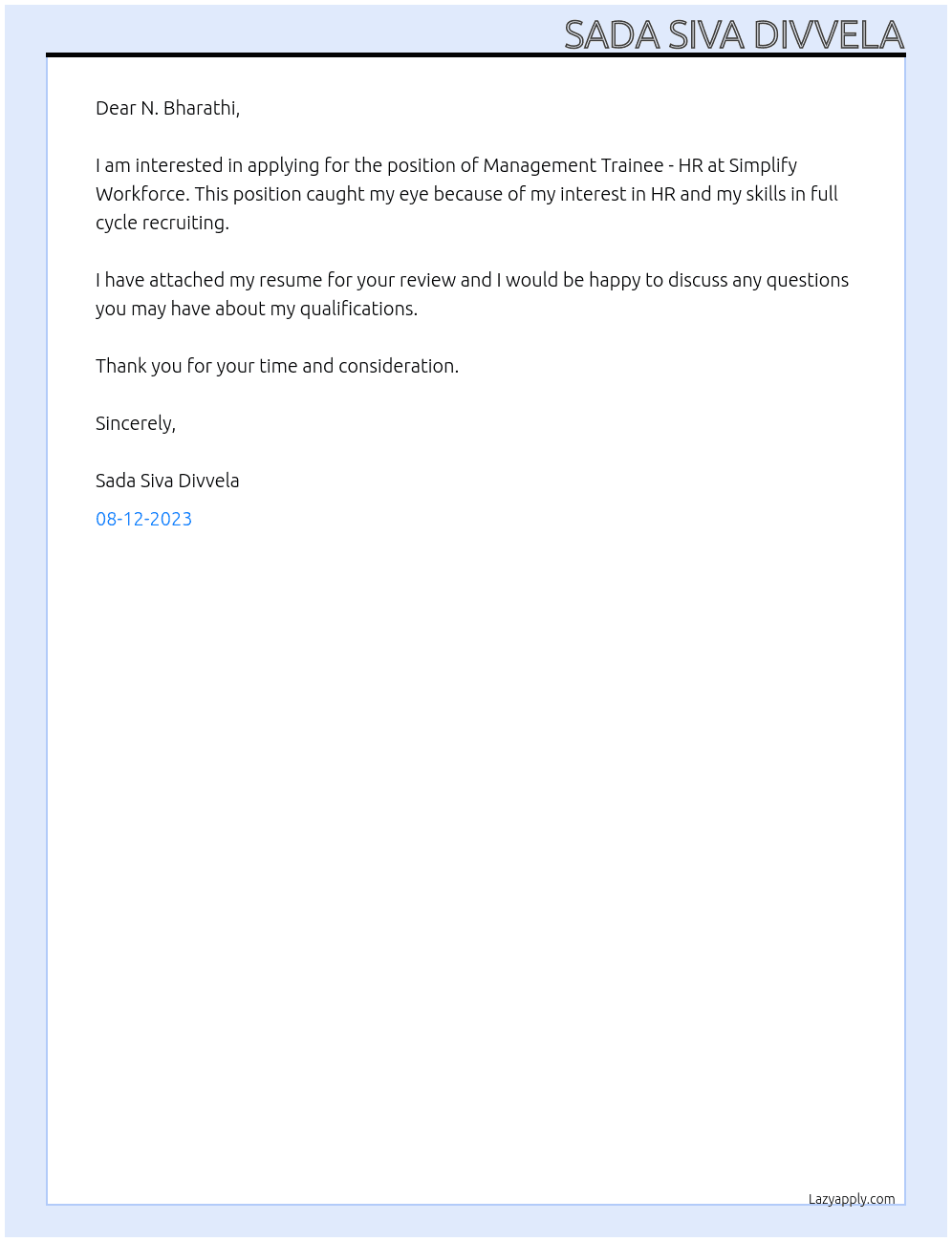 Management Trainee - HR At simplify workforce Cover Letter