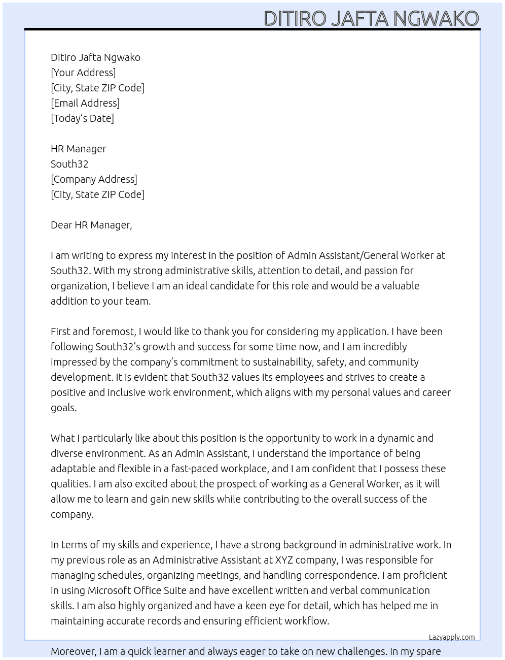 Admin assistant/ General worker At South32 Cover Letter