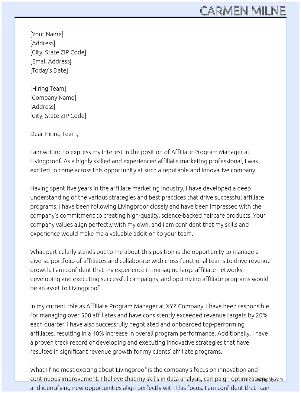 Affiliate Program Manager  At Livingproof Cover Letter