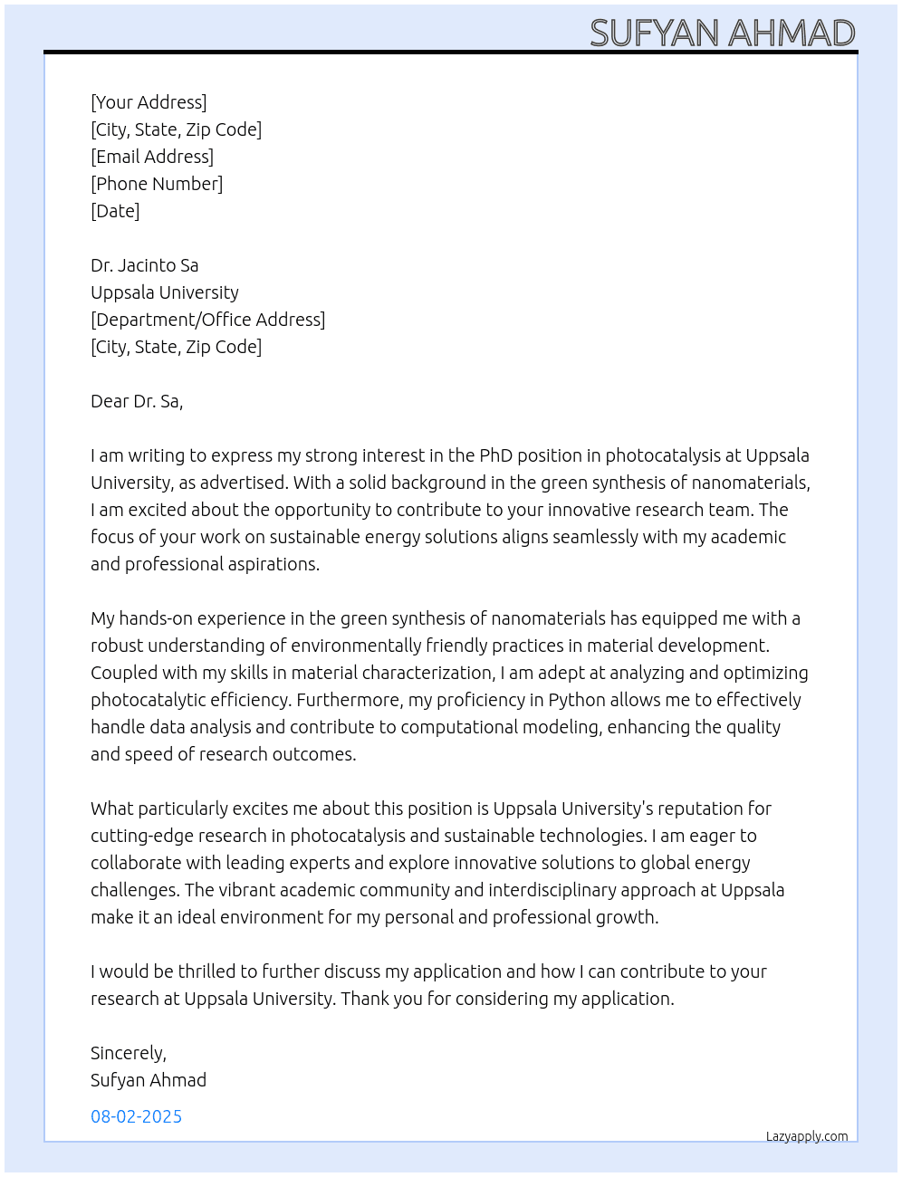 PhD position in photocatalysis At Uppsala University  Cover Letter