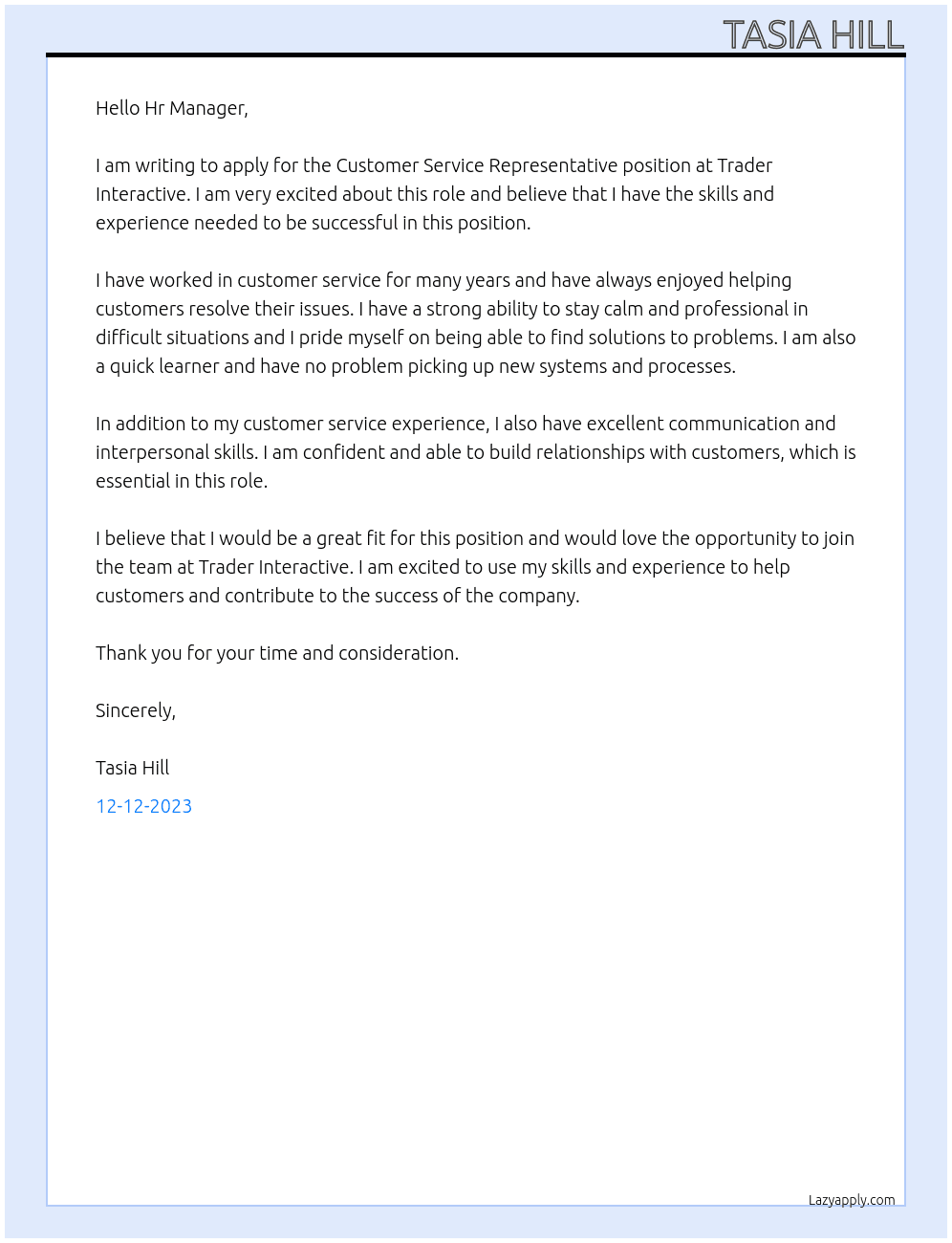Customer Service Representative At Trader Interactive  Cover Letter