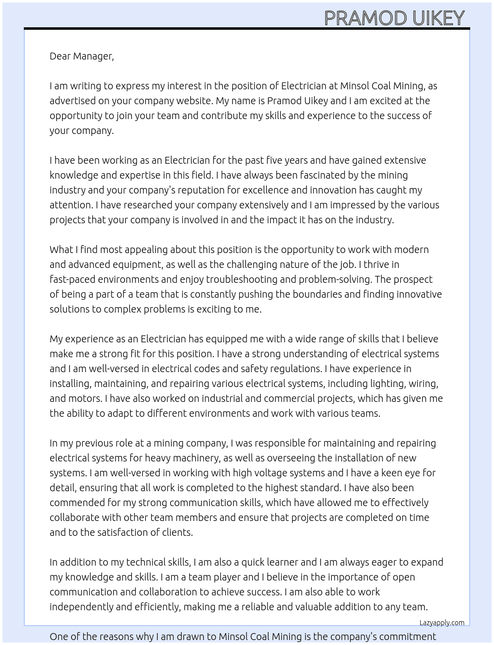 Electrician  At Minsol coal mining  Cover Letter