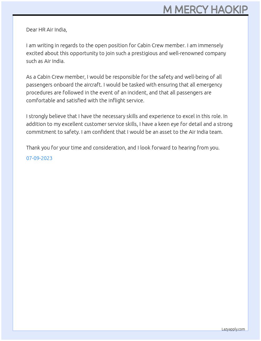 Cabin crew At Cabin Crew member Cover Letter