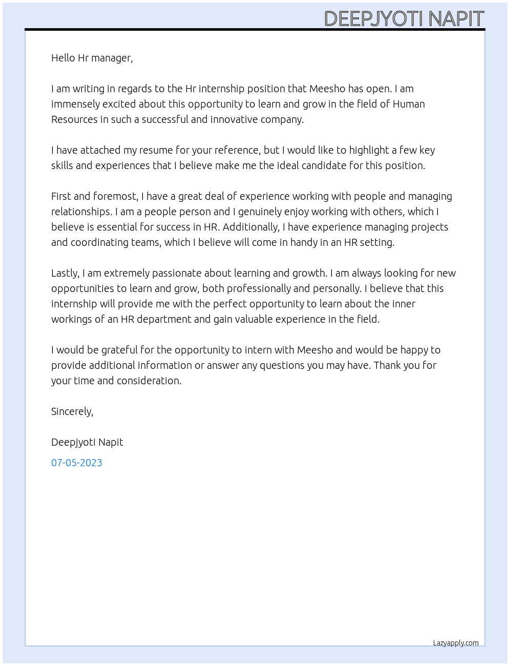Hr internship At Meesho Cover Letter