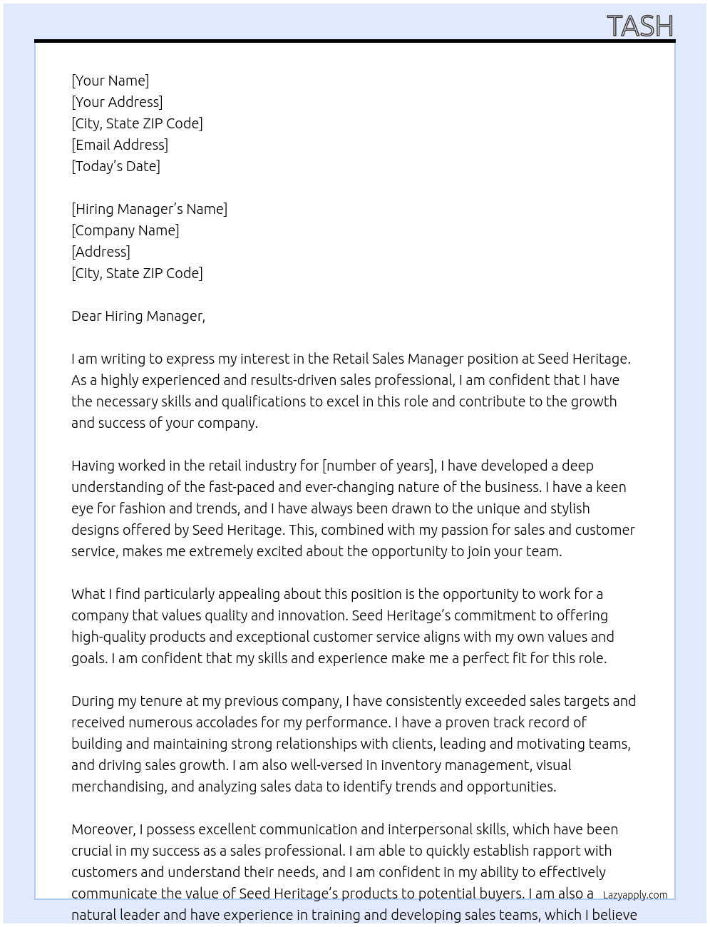 Retail sales manager At Seed Heritage Cover Letter