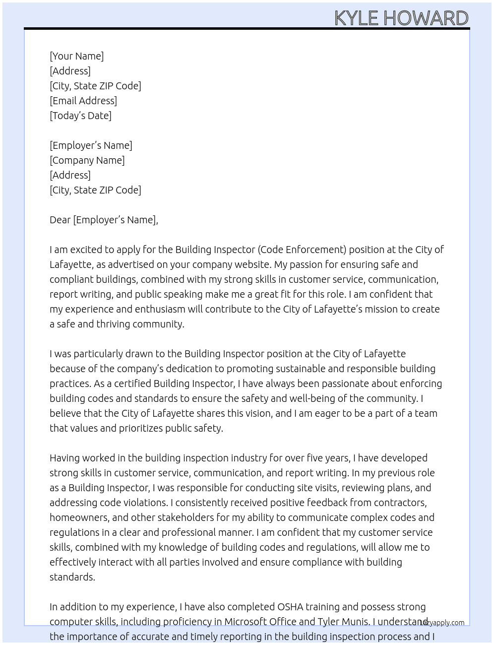 Building Inspector (Code Enforcement) At City Of Lafayette  Cover Letter