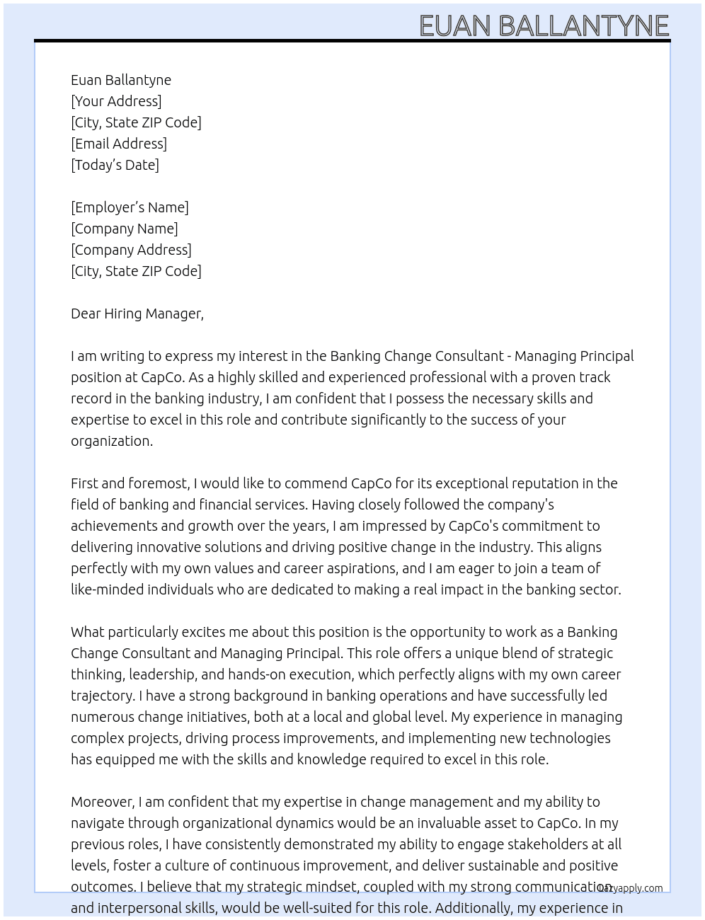 Cover letter for banking change consultant - managing principal - LazyApply
