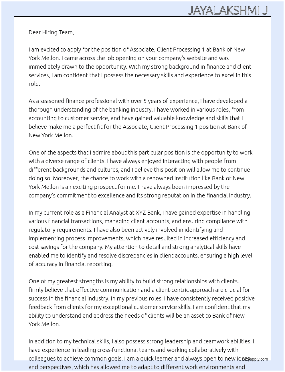 Associate, Client processing 1 At Bank of New York Mellon Cover Letter