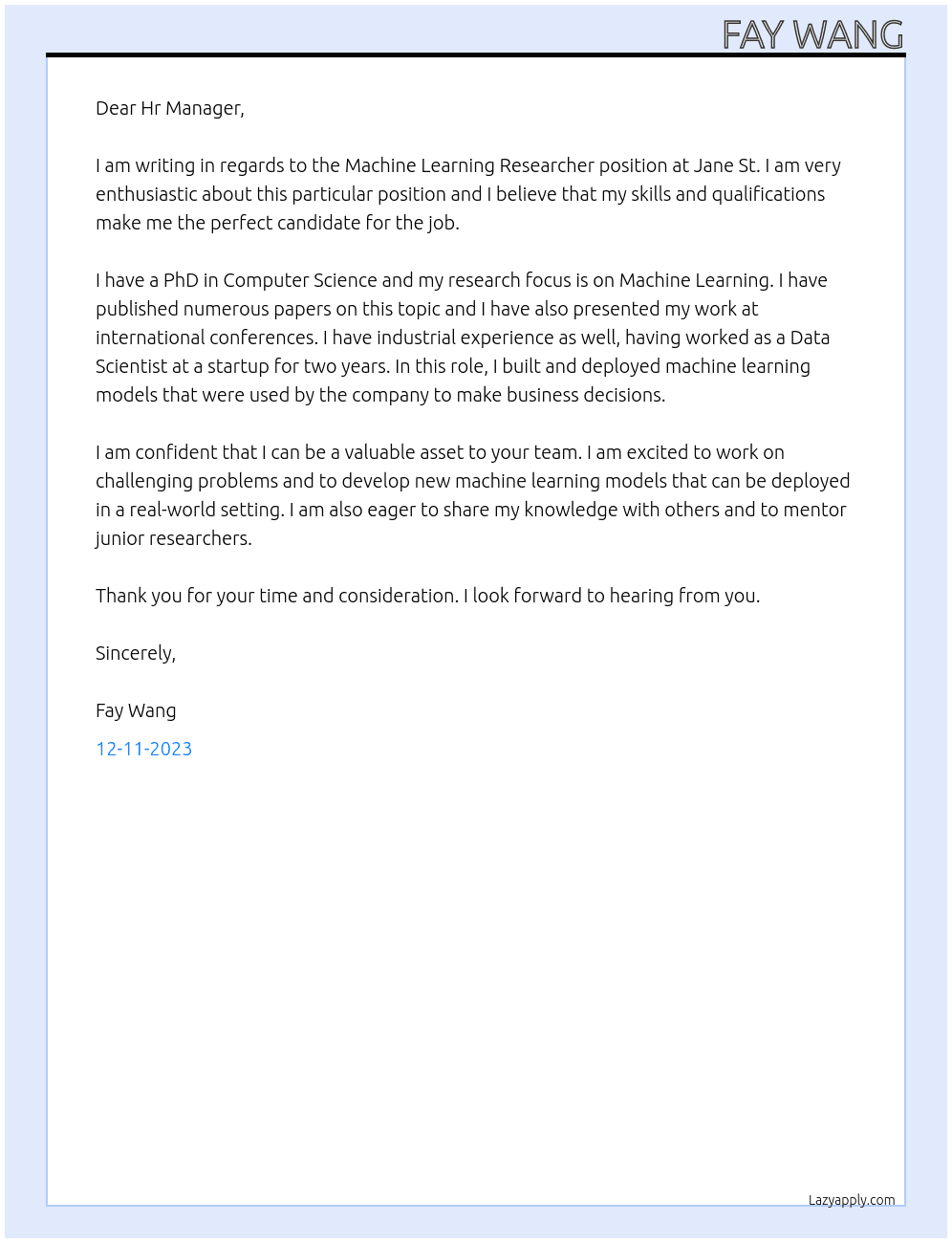 Machine Learning Researcher At Jane St Cover Letter