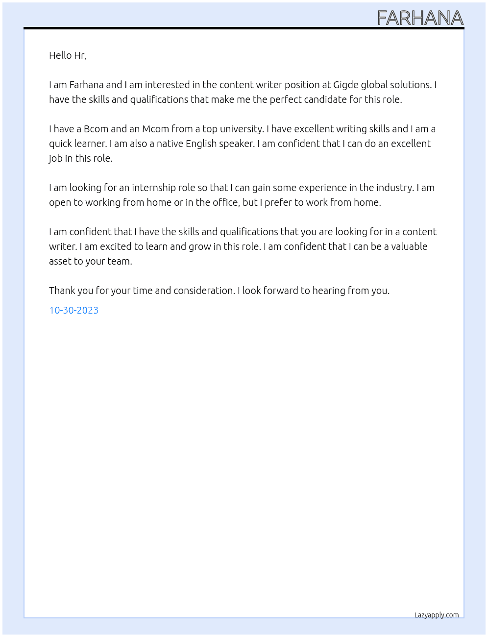 Content writer At Gigde global solutions Cover Letter