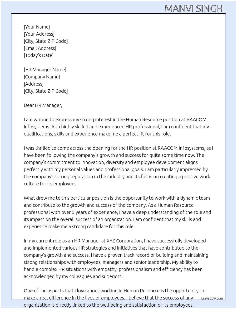 Human Resource  At RAACOM Infosystems  Cover Letter