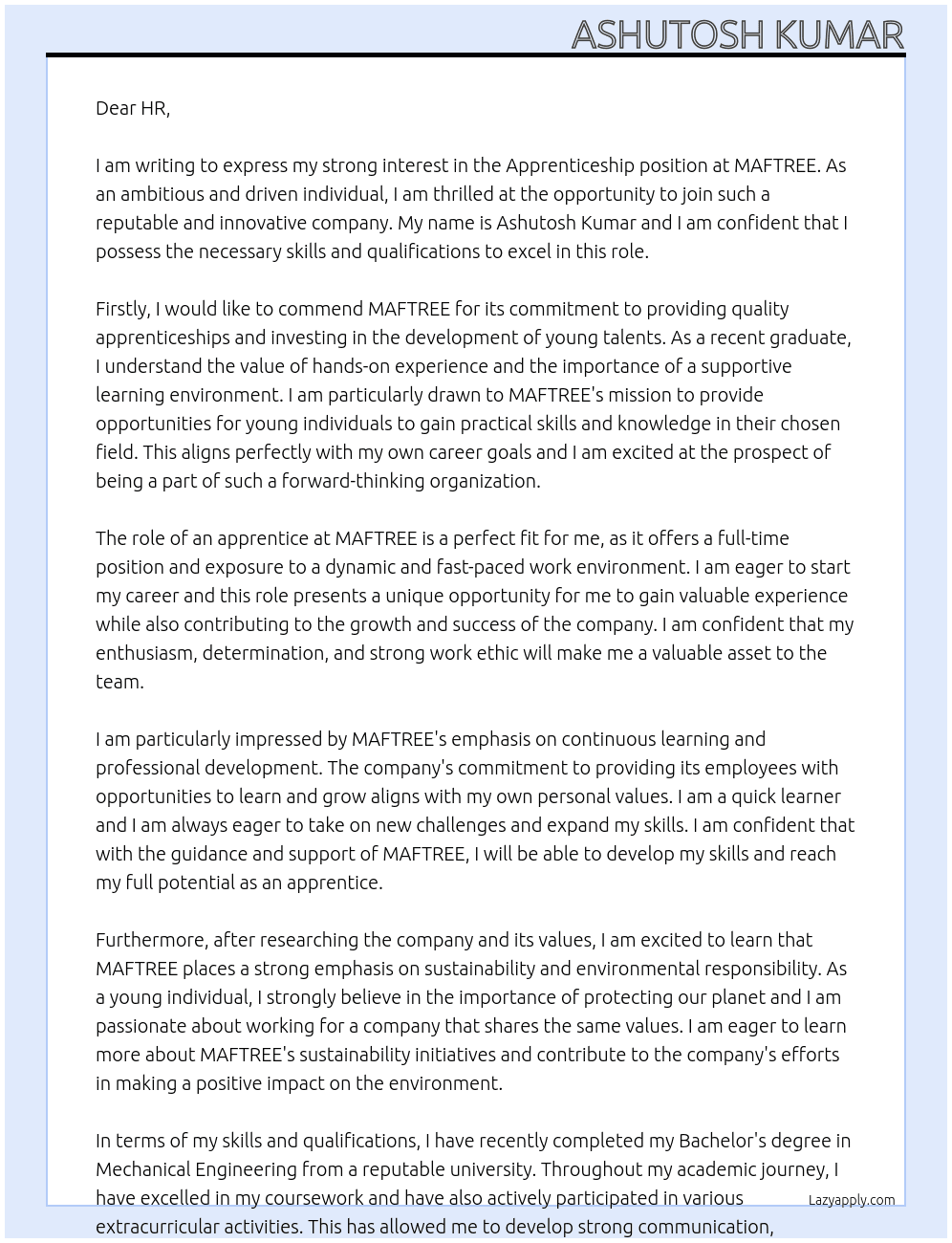 Apprenticeship  At MAFTREE Cover Letter