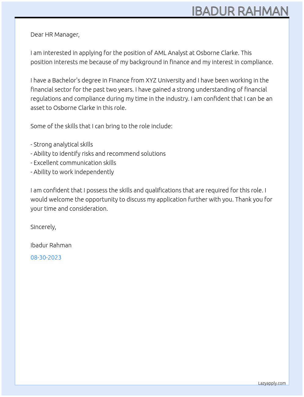 aml analyst At Osborne Clarke Cover Letter