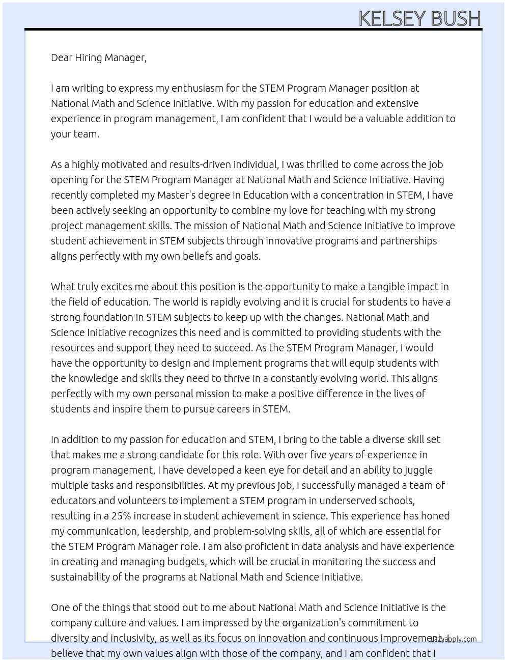 STEM Program Manager At National Math and Science Initiative Cover Letter