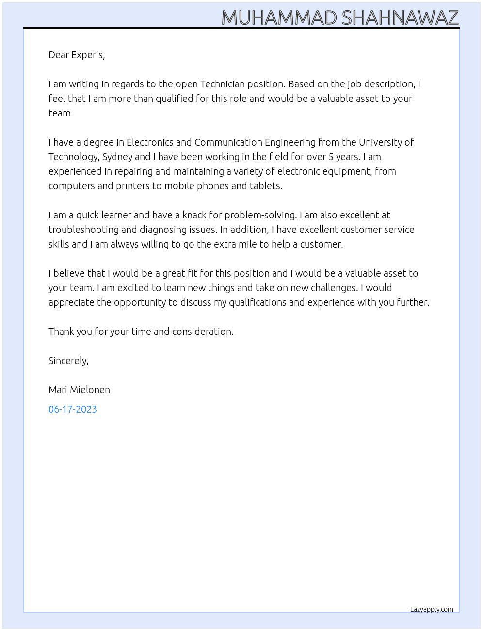 Technician  At Experis Cover Letter