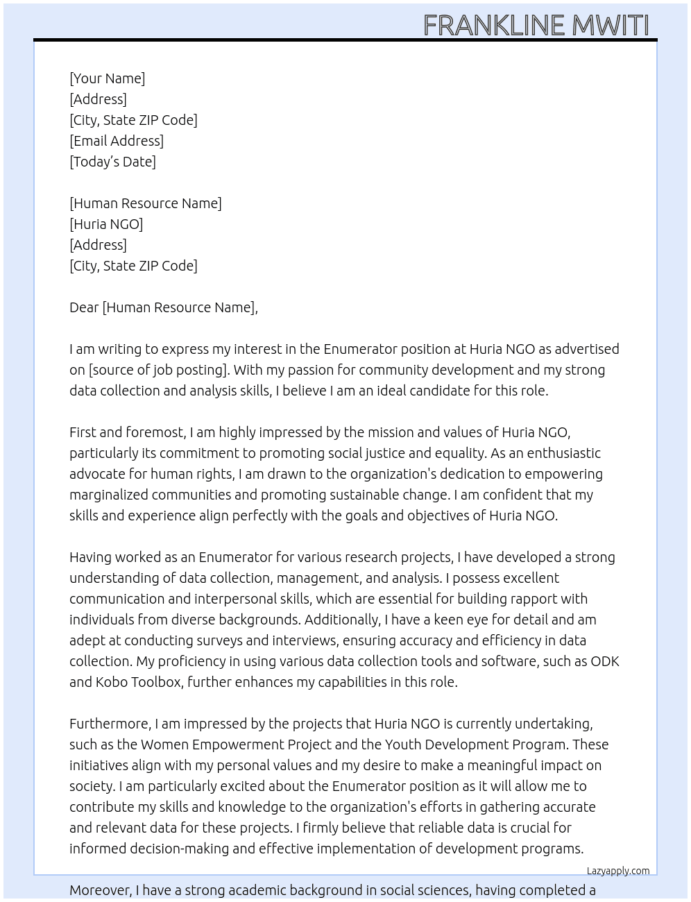 Enumerator  At Huria NGO Cover Letter