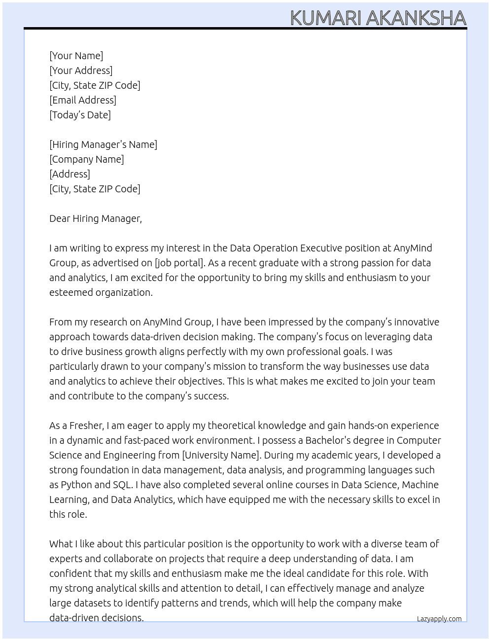 Data Operation Executive At AnyMind Group  Cover Letter
