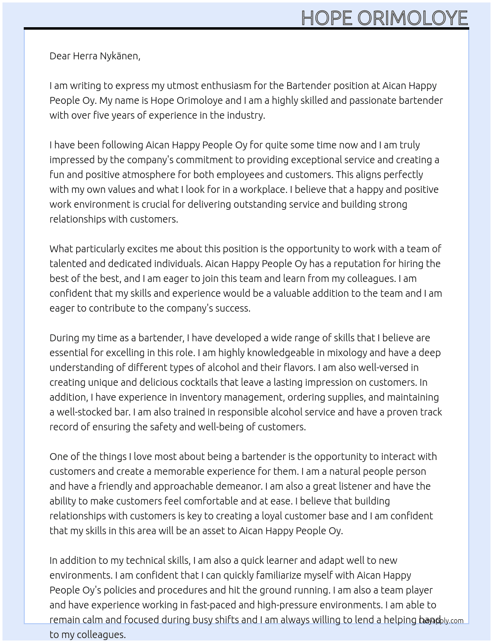 Bartender At Aican Happy People Oy Cover Letter