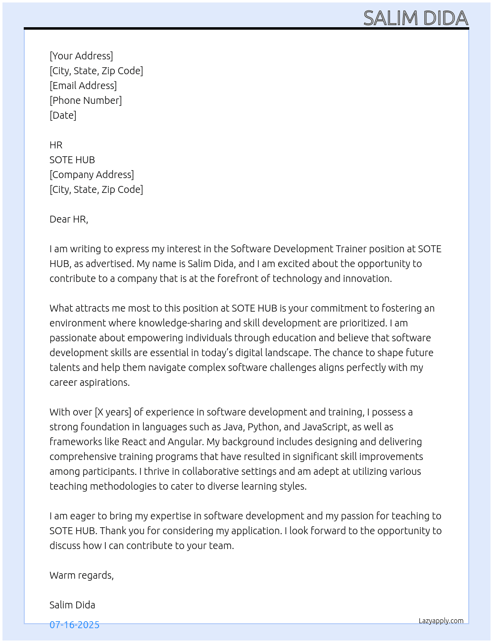 SOFTWARE DEVELOPMENT TRAINER At SOTE HUB Cover Letter