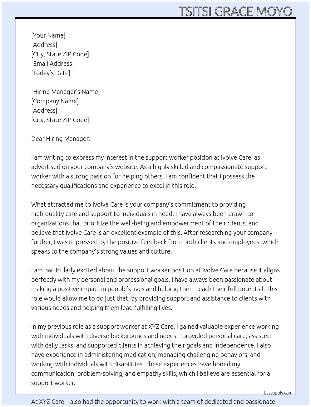 Support Worker  At Ivolve Care Cover Letter