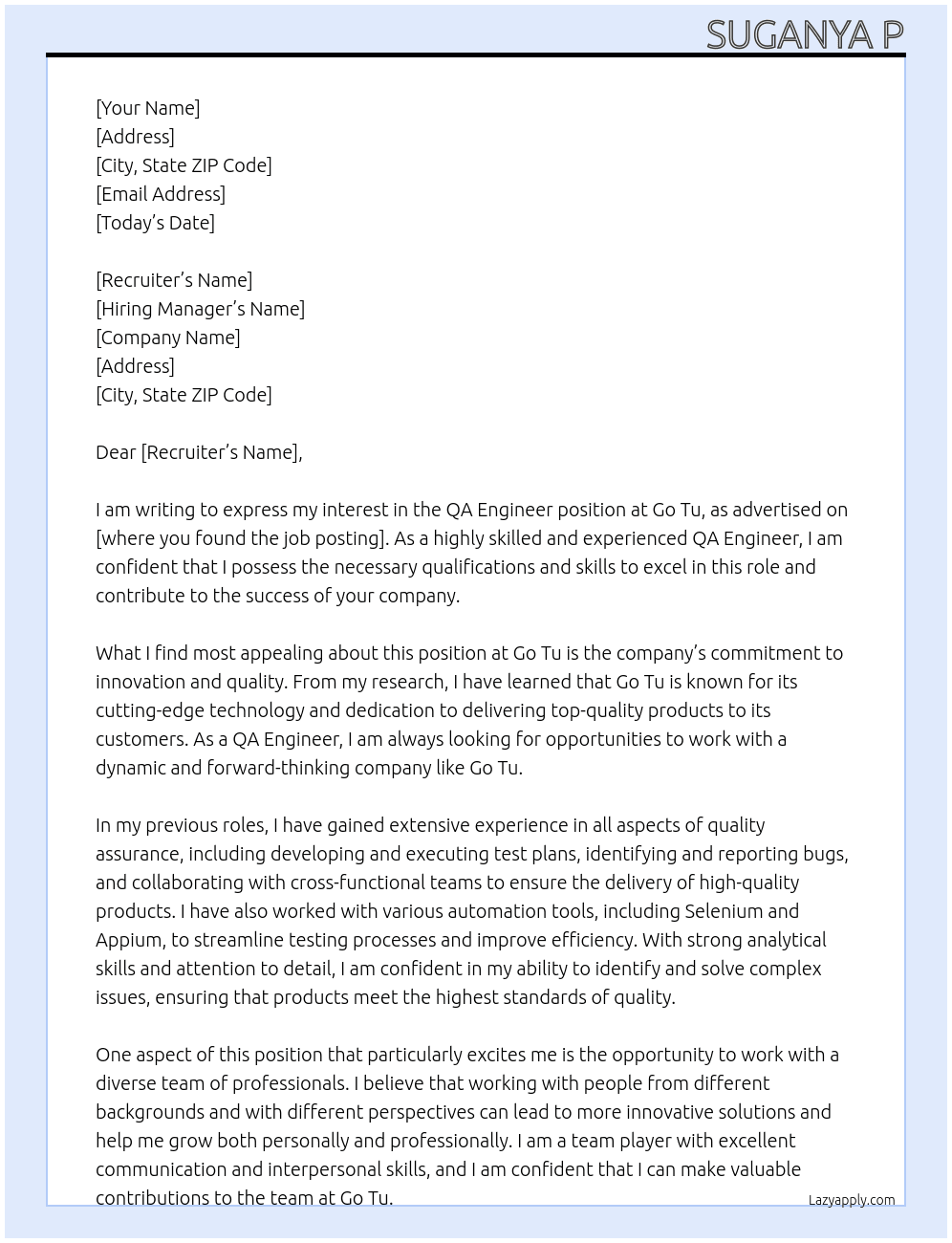 QA Engineer At Go Tu Cover Letter