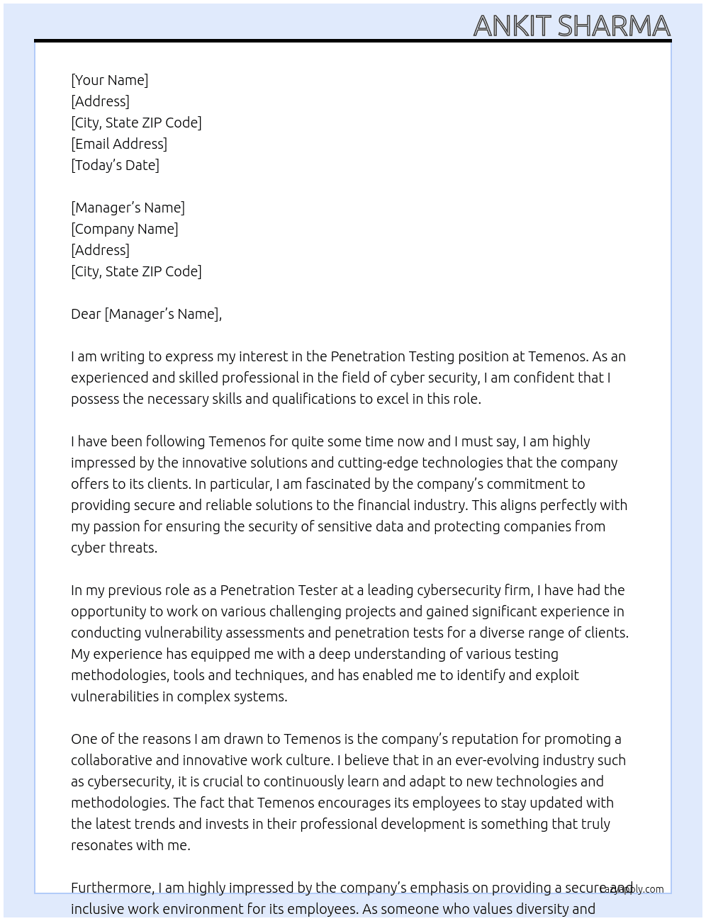 Penetration Testing At Temenos Cover Letter