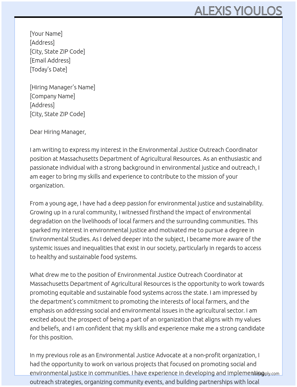 Environmental Justice Outreach Coordinator At Massachusetts Department of Agricultural Resources Cover Letter